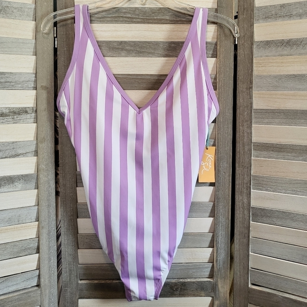 Kona Sol Purple and White Striped One Piece Swimsuit